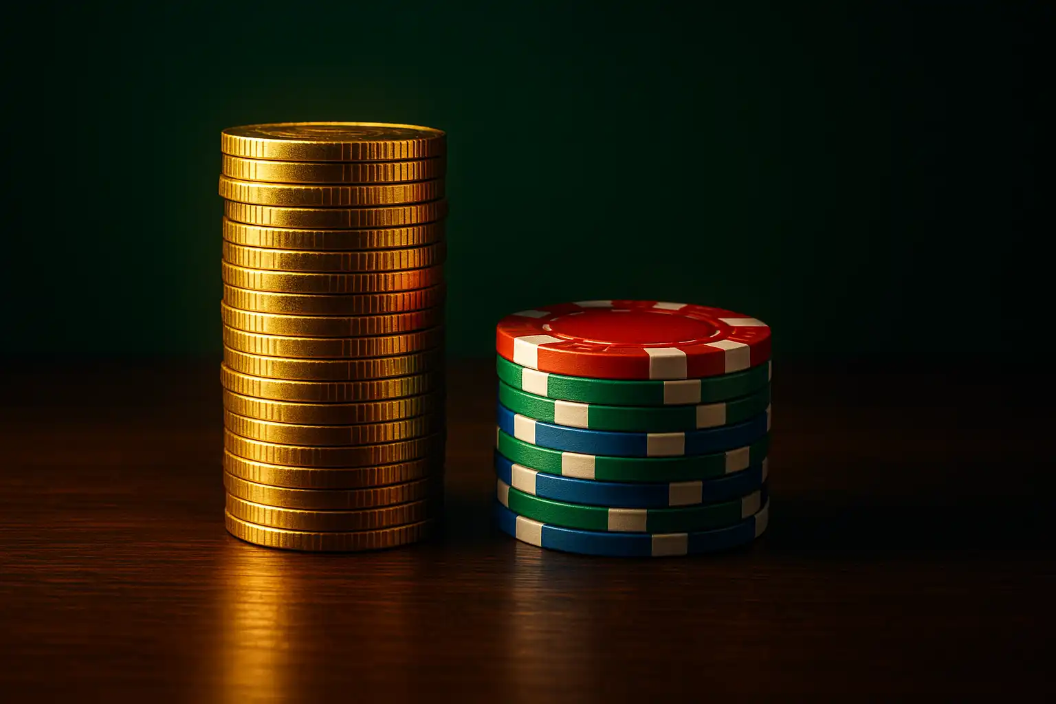 Stack of gold coins and casino chips representing a bonus offer