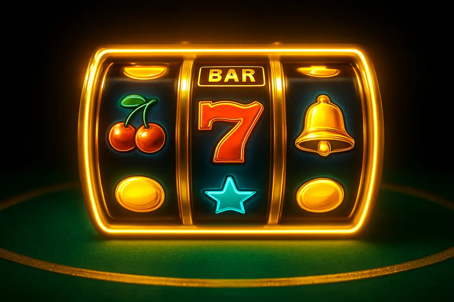 Row of glowing slot machine reels on a green felt casino table